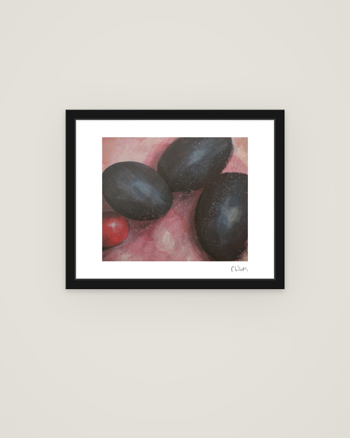 Three Dark Plums by Peter Wirth, framed in slim black wood with acrylic glazing