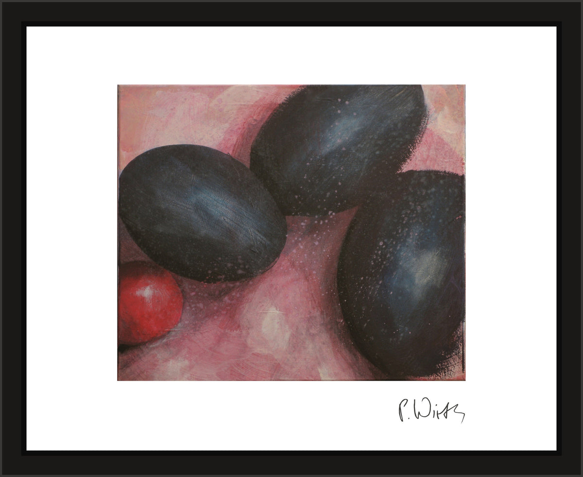 Three Dark Plums — framed in narrow black wood with acrylic glazing, no mount