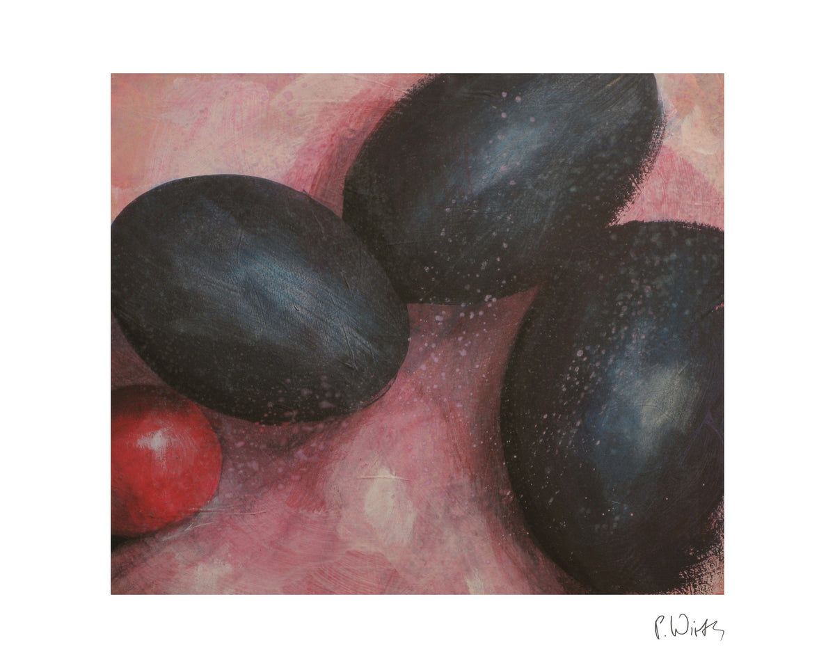 Three Dark Plums — fine art print after Peter Wirth, sheet with white border and signature