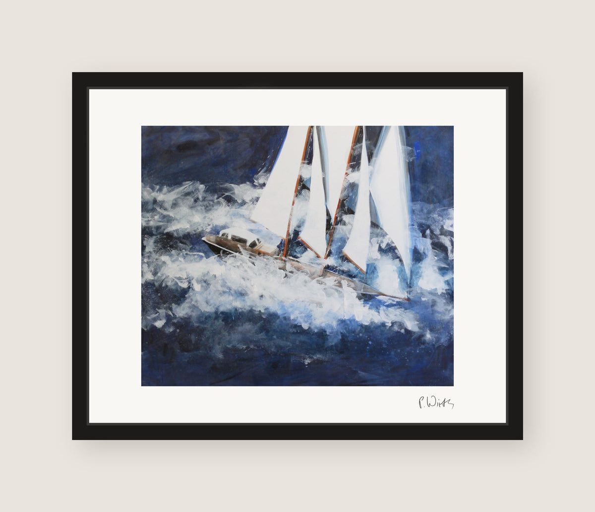 “Through White Water” by Peter Wirth, framed in slim black wood with acrylic glazing, no mat