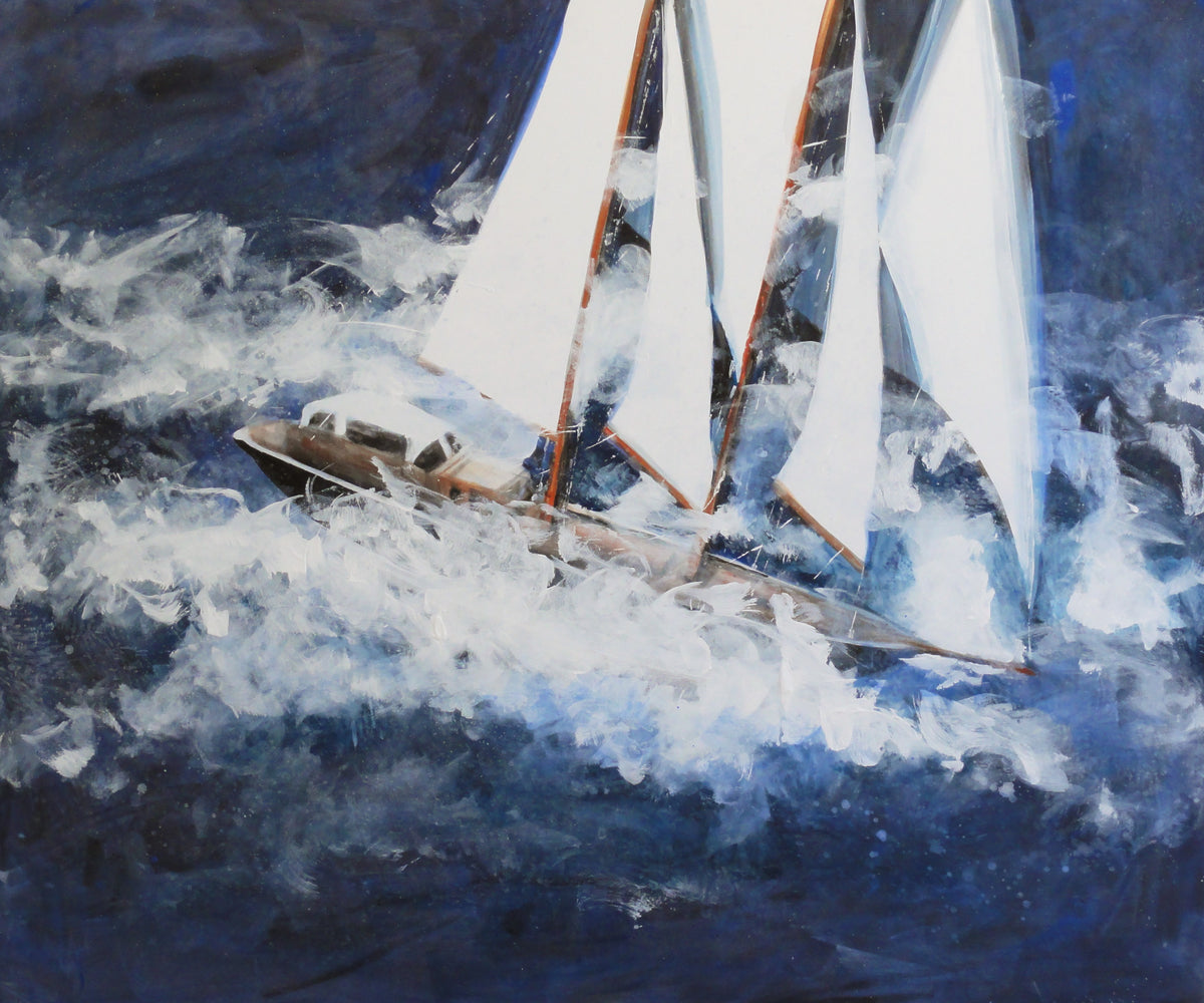 A yacht in high white breakers against a night-blue sky — Peter Wirth