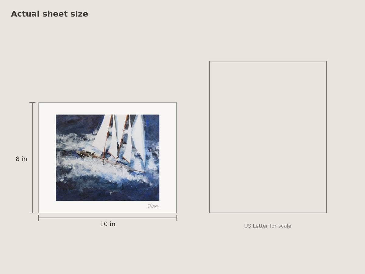 “Through White Water” by Peter Wirth, sheet size 8 × 10 in beside a US Letter sheet