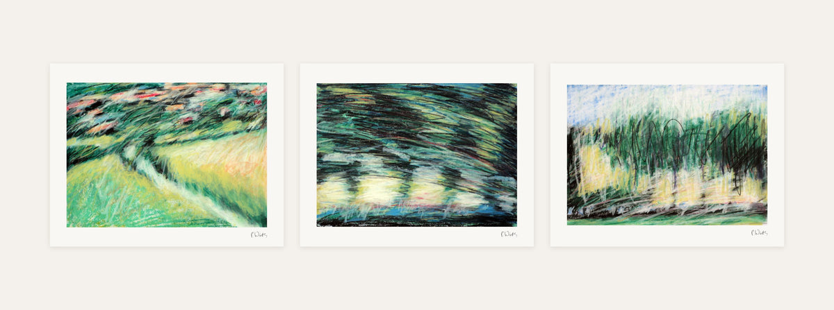Trees in the Wind · Three – every sheet of the set with its white margin and printed signature, laid out side by side
