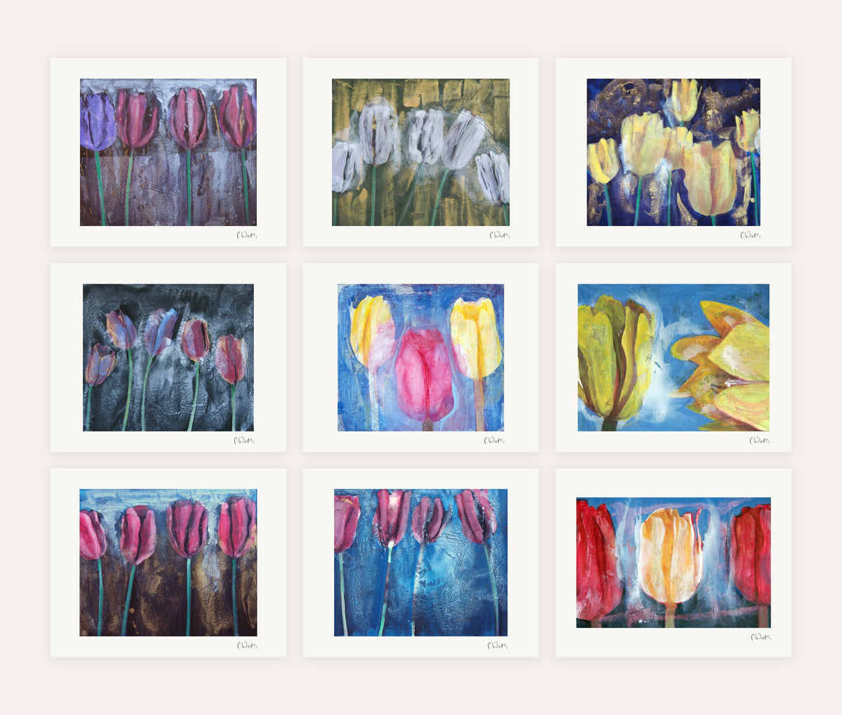 Tulip Row · Nine – every sheet of the set with its white margin and printed signature, laid out side by side