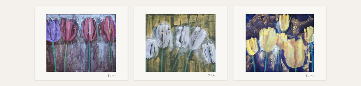 Tulip Row · Three – every sheet of the set with its white margin and printed signature, laid out side by side