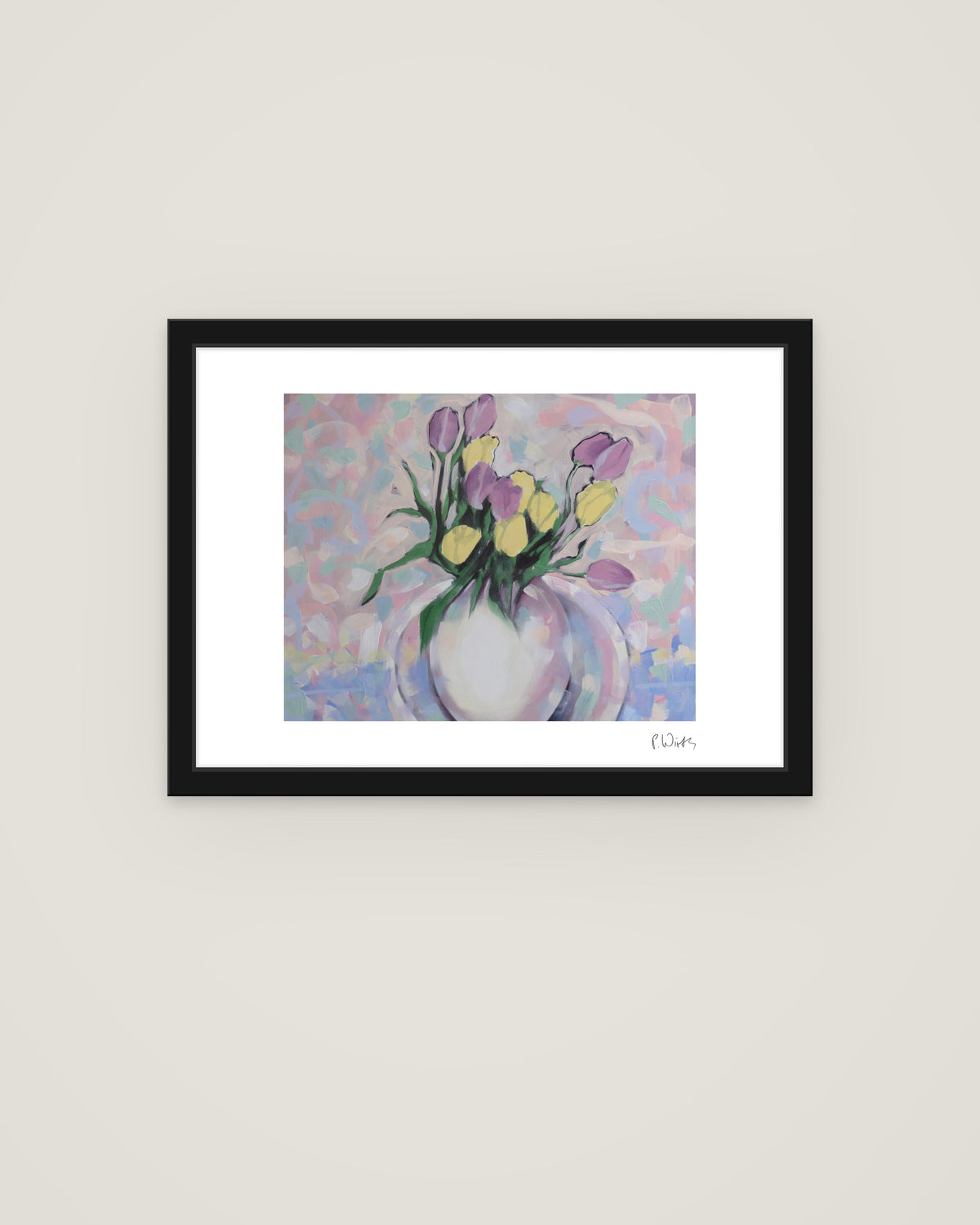 Tulips in a White Vase by Peter Wirth, framed in slim black wood with acrylic glazing
