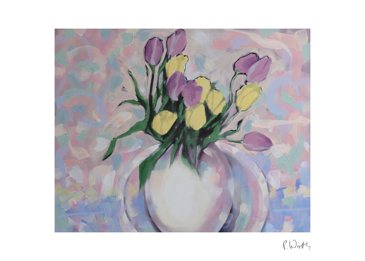 Tulpen in weißer Vase — Fine-Art-Druck nach Peter Wirth, Blatt mit weißem Rand und Signatur