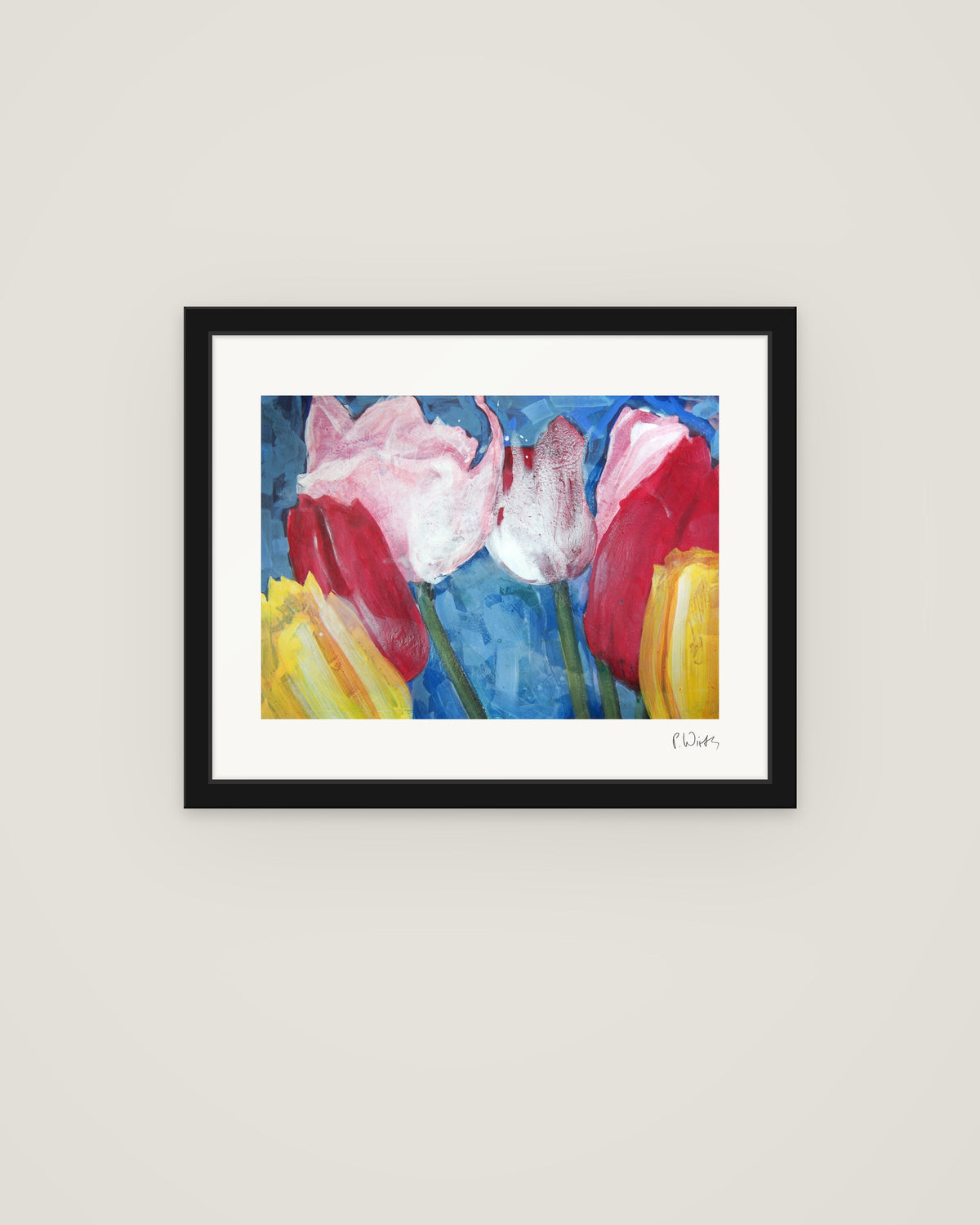 Tulip Blossoms by Peter Wirth, framed in slim black wood with acrylic glazing