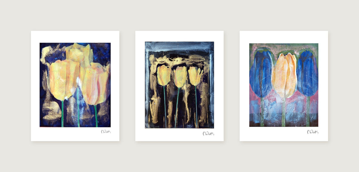 Drei Blätter nebeneinander: Tulpen IV · Tulpen VII · Tulpen I — Peter Wirth