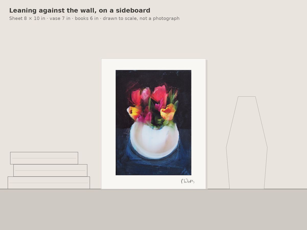 Tulips IX by Peter Wirth, leaning against the wall on a sideboard, drawn to scale