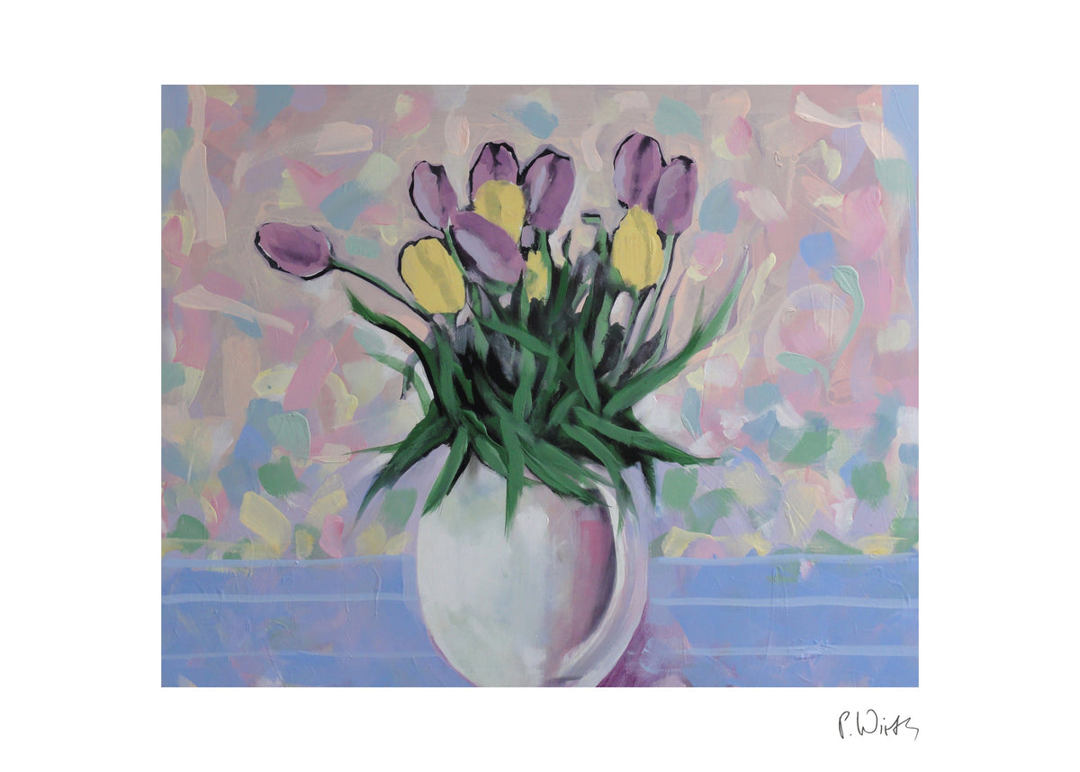 Tulpen am blauen Tisch — Fine-Art-Druck nach Peter Wirth, Blatt mit weißem Rand und Signatur