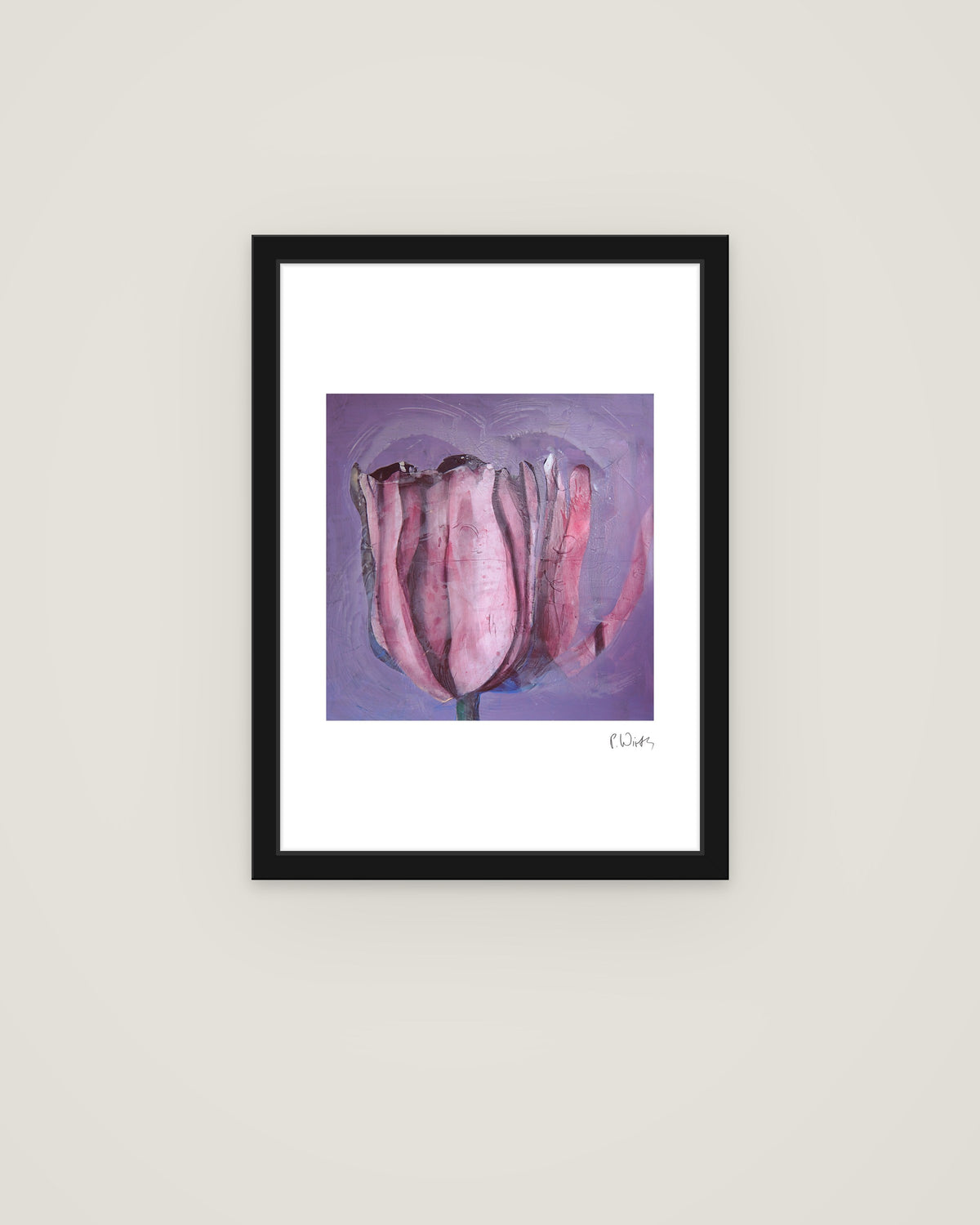 Tulpe auf Flieder von Peter Wirth, im schmalen schwarzen Holzrahmen