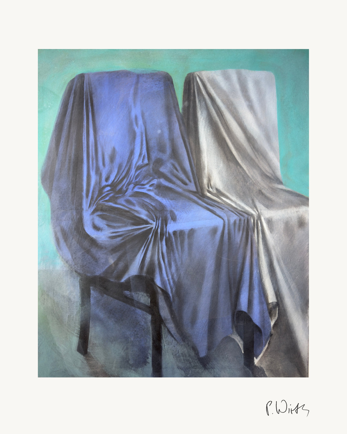 “Two Chairs, Blue and White” by Peter Wirth, the full sheet with its white margin and printed signature