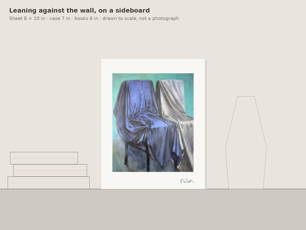 “Two Chairs, Blue and White” by Peter Wirth, leaning against the wall on a sideboard, drawn to scale