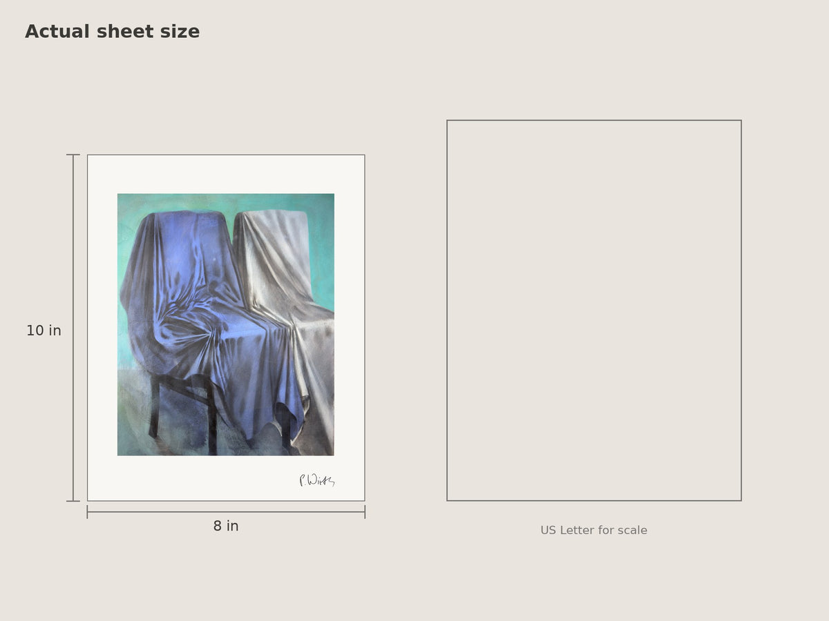 “Two Chairs, Blue and White” by Peter Wirth, sheet size 8 × 10 in beside a US Letter sheet