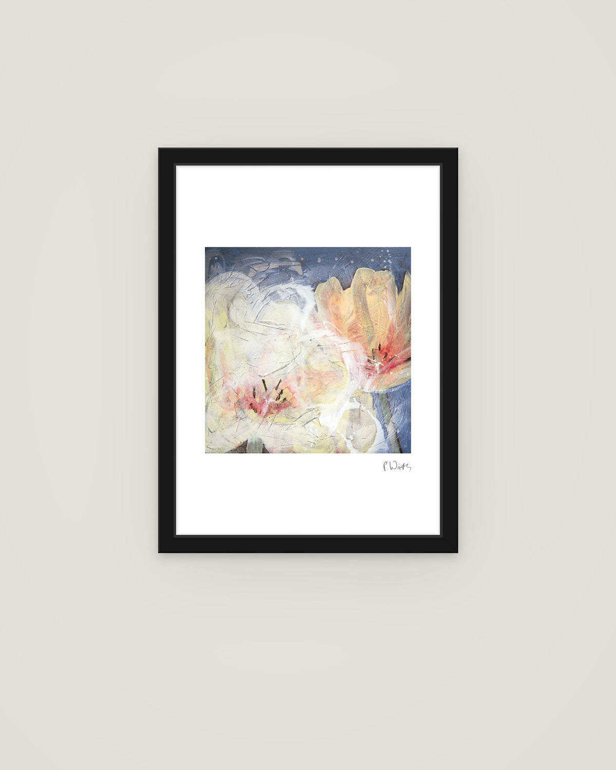 Two Pale Tulips by Peter Wirth, framed in slim black wood with acrylic glazing