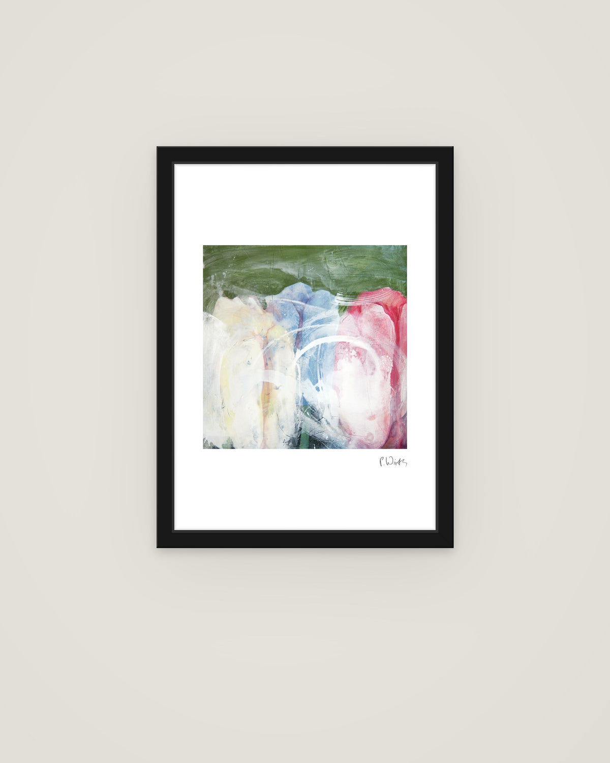 Tulips in Cream, Blue and Red by Peter Wirth, framed in slim black wood with acrylic glazing