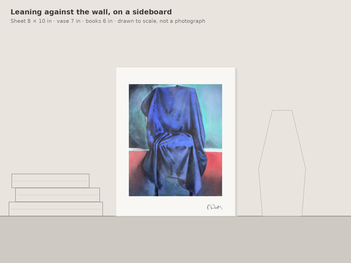 Ultramarine on Turquoise by Peter Wirth, leaning against the wall on a sideboard, drawn to scale