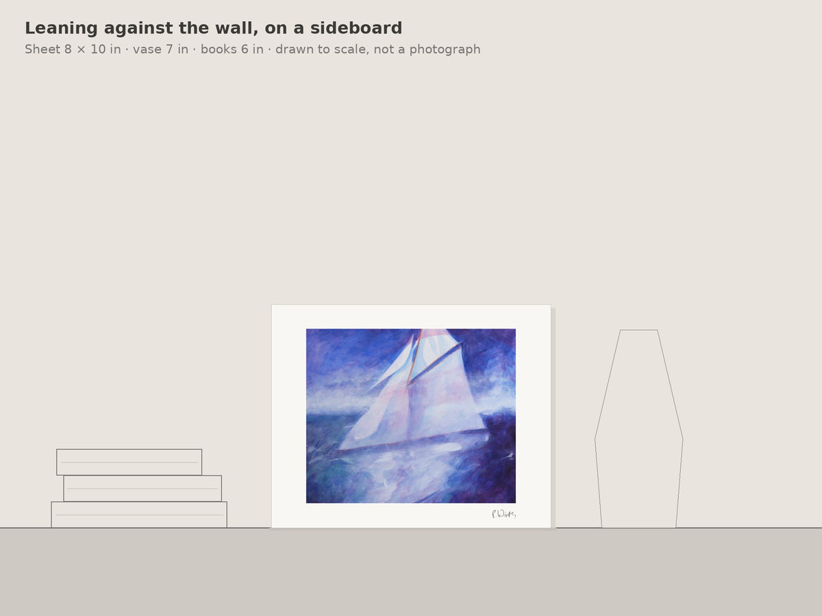 “Under Sail in Violet” by Peter Wirth, leaning against the wall on a sideboard, drawn to scale