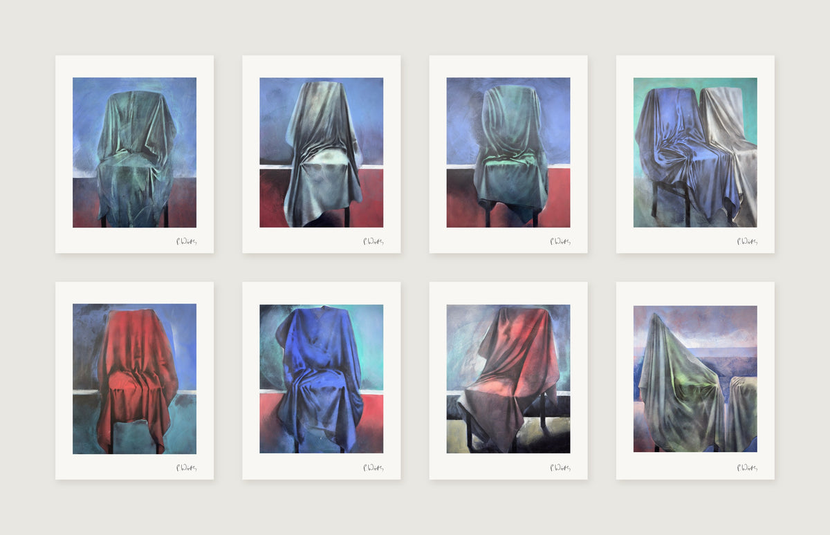 Eight sheets in two rows of four: Grey-Green over the Chair Back · Light on the Seat · Sea Green over the Chair · Two Chairs, Blue and White · Red, Falling Straight · Ultramarine on Turquoise · Red Cloth, Thrown Across · Olive Green on the Plain — Peter Wirth