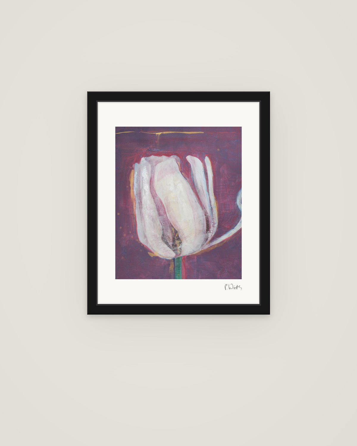 Weiße Tulpe von Peter Wirth, im schmalen schwarzen Holzrahmen