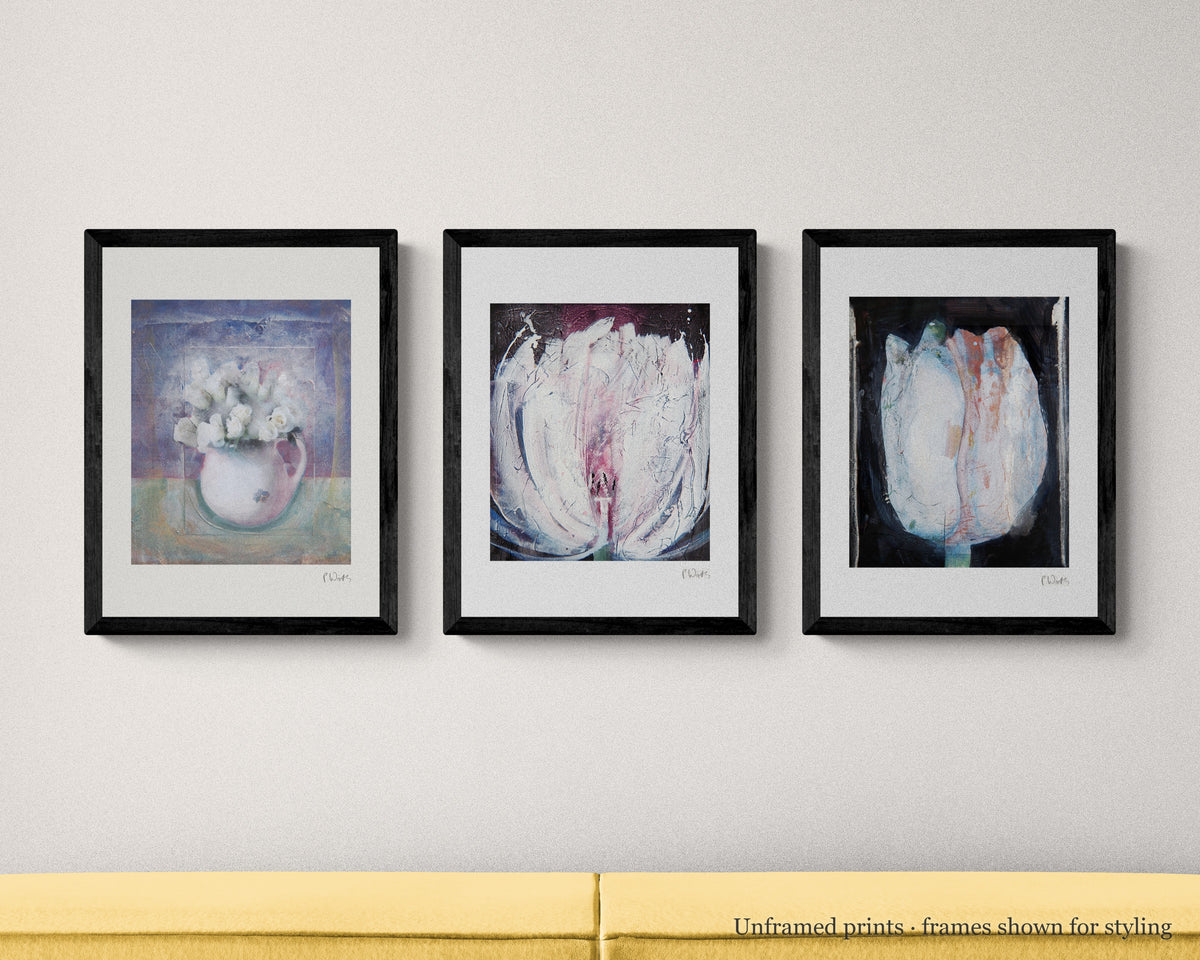 White Blooms in Shadow · Three by Peter Wirth, the set shown framed on a wall – unframed prints, frames shown for styling