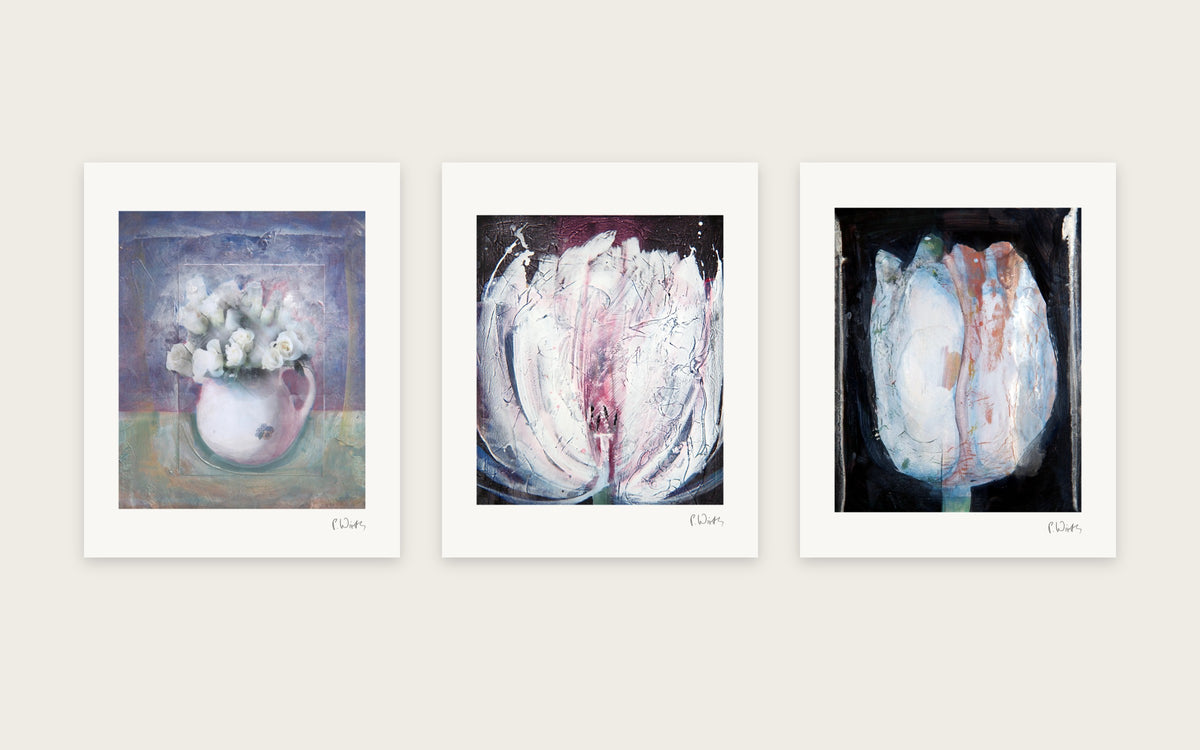 White Blooms in Shadow by Peter Wirth, a set of 3 prints shown side by side