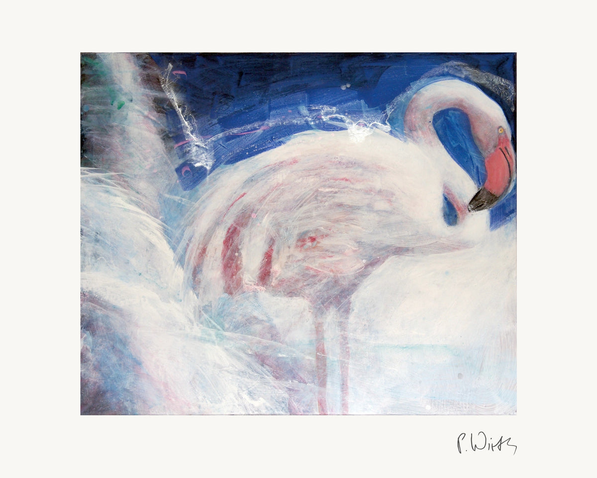 Flamingo II von Peter Wirth, das ganze Blatt mit weißem Rand und gedruckter Signatur