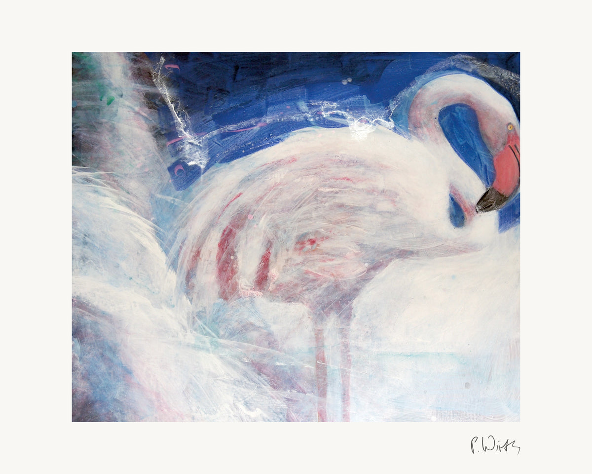 Flamingo II by Peter Wirth, the full sheet with its white margin and printed signature