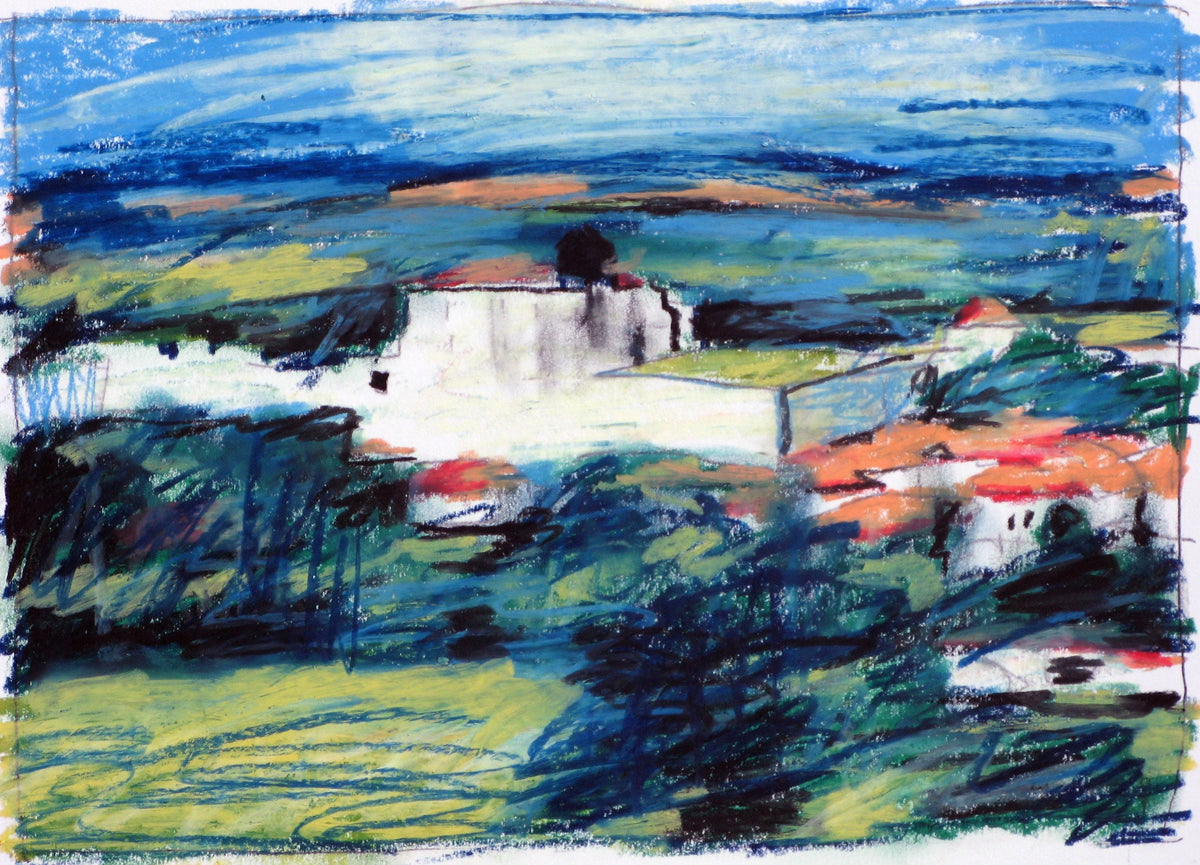 A white house on the back of a hill, red roofs below it, strong blue above — Peter Wirth