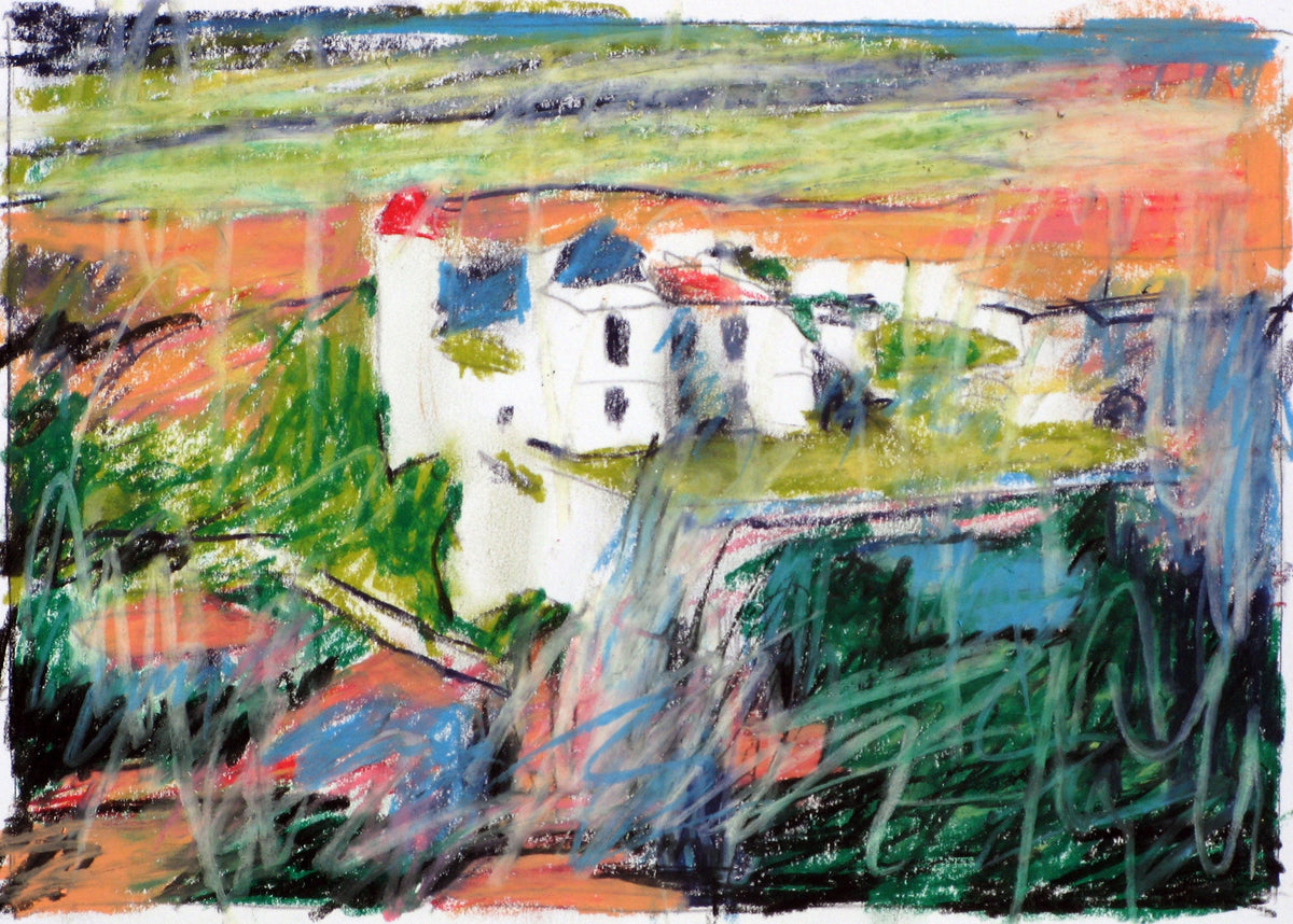 White houses with blue-grey roofs on a green terrace, glowing orange all around, dense dark scribble in the foreground — Peter Wirth