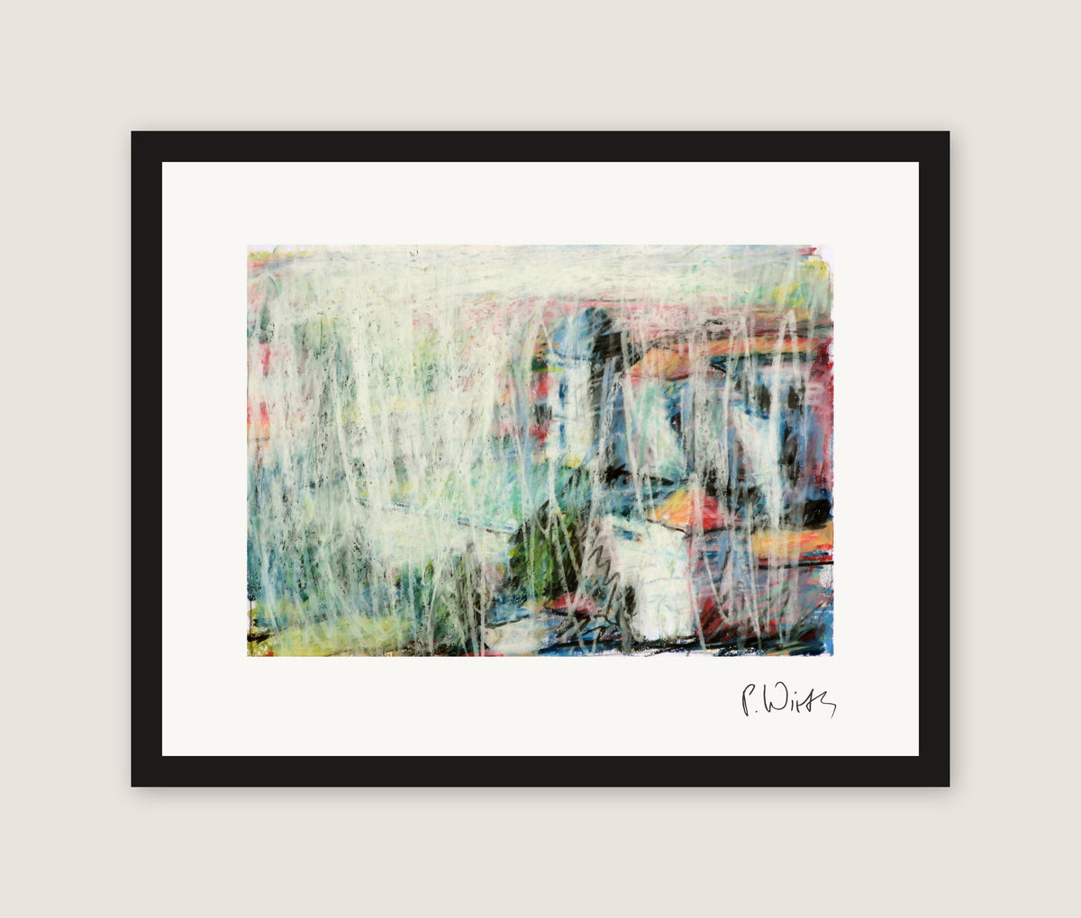 White Rain over the Roofs by Peter Wirth, framed in black wood, no mat