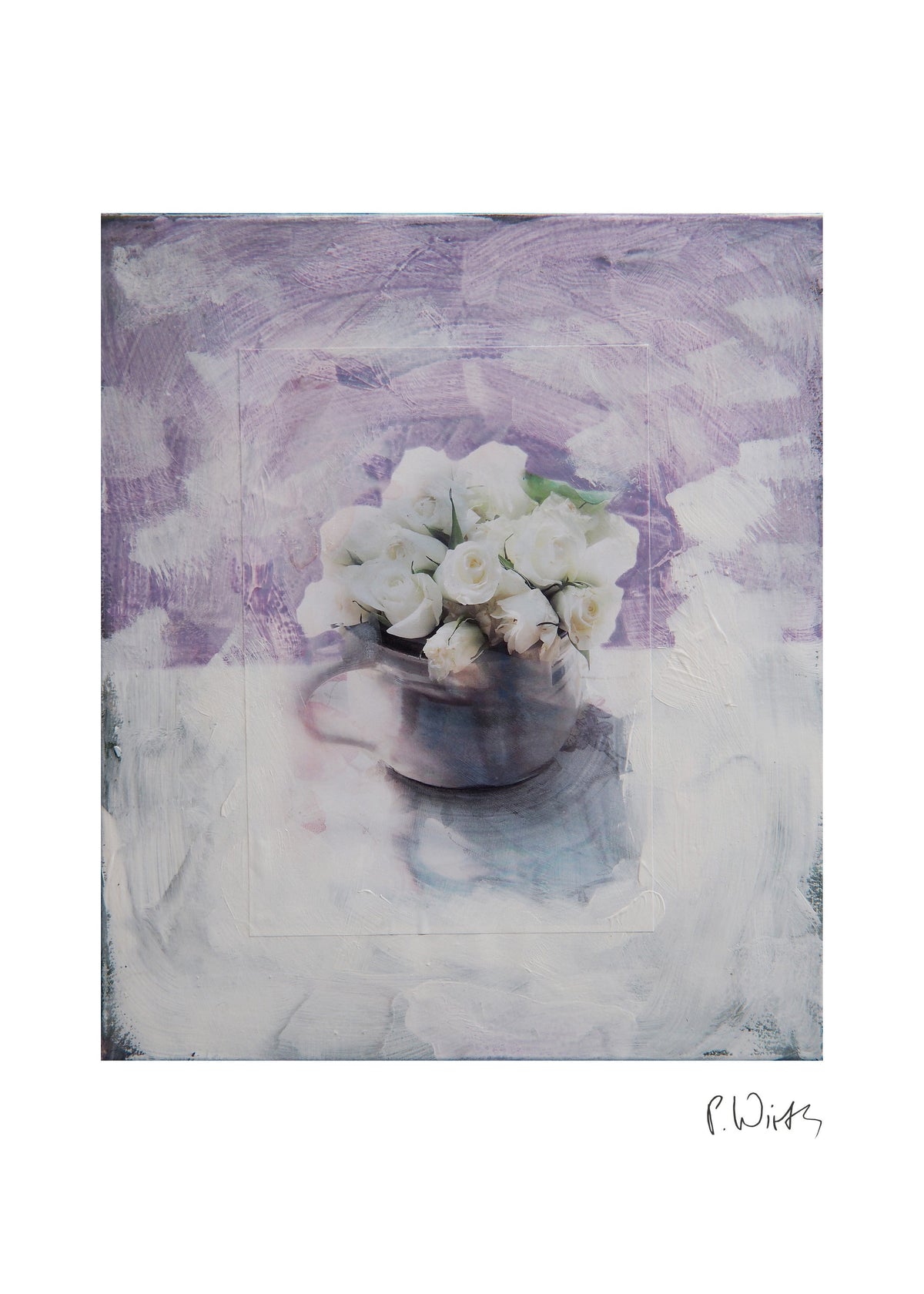 Weiße Rosen in dunkler Schale — Fine-Art-Druck nach Peter Wirth, Blatt mit weißem Rand und Signatur