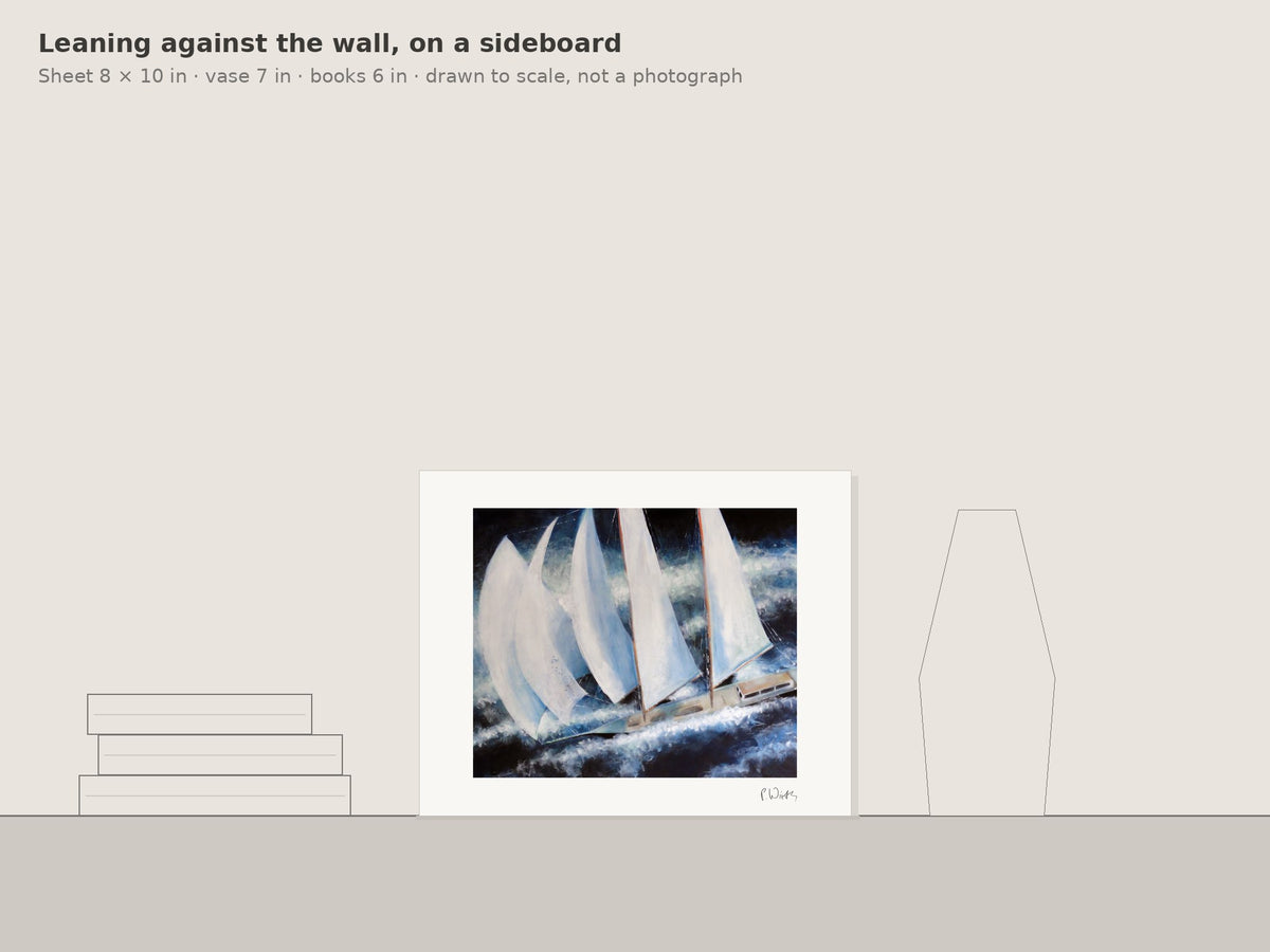 “White Sails at Night” by Peter Wirth, leaning against the wall on a sideboard, drawn to scale