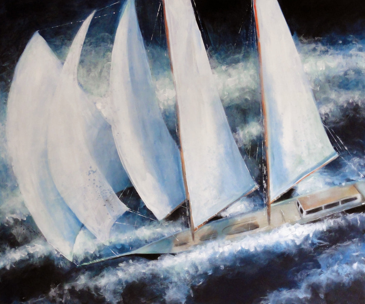 A large yacht under white sails in black, churning sea — Peter Wirth