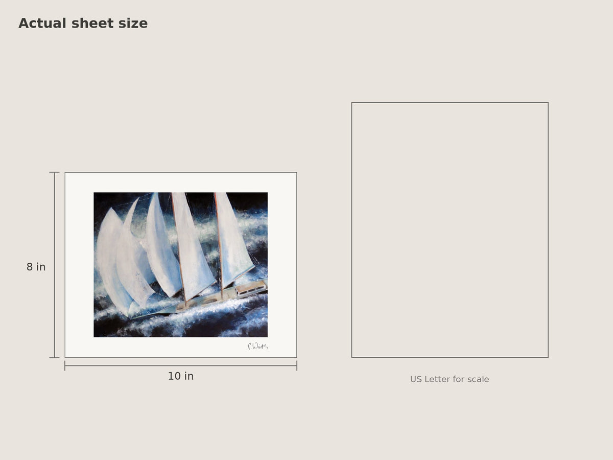 “White Sails at Night” by Peter Wirth, sheet size 8 × 10 in beside a US Letter sheet