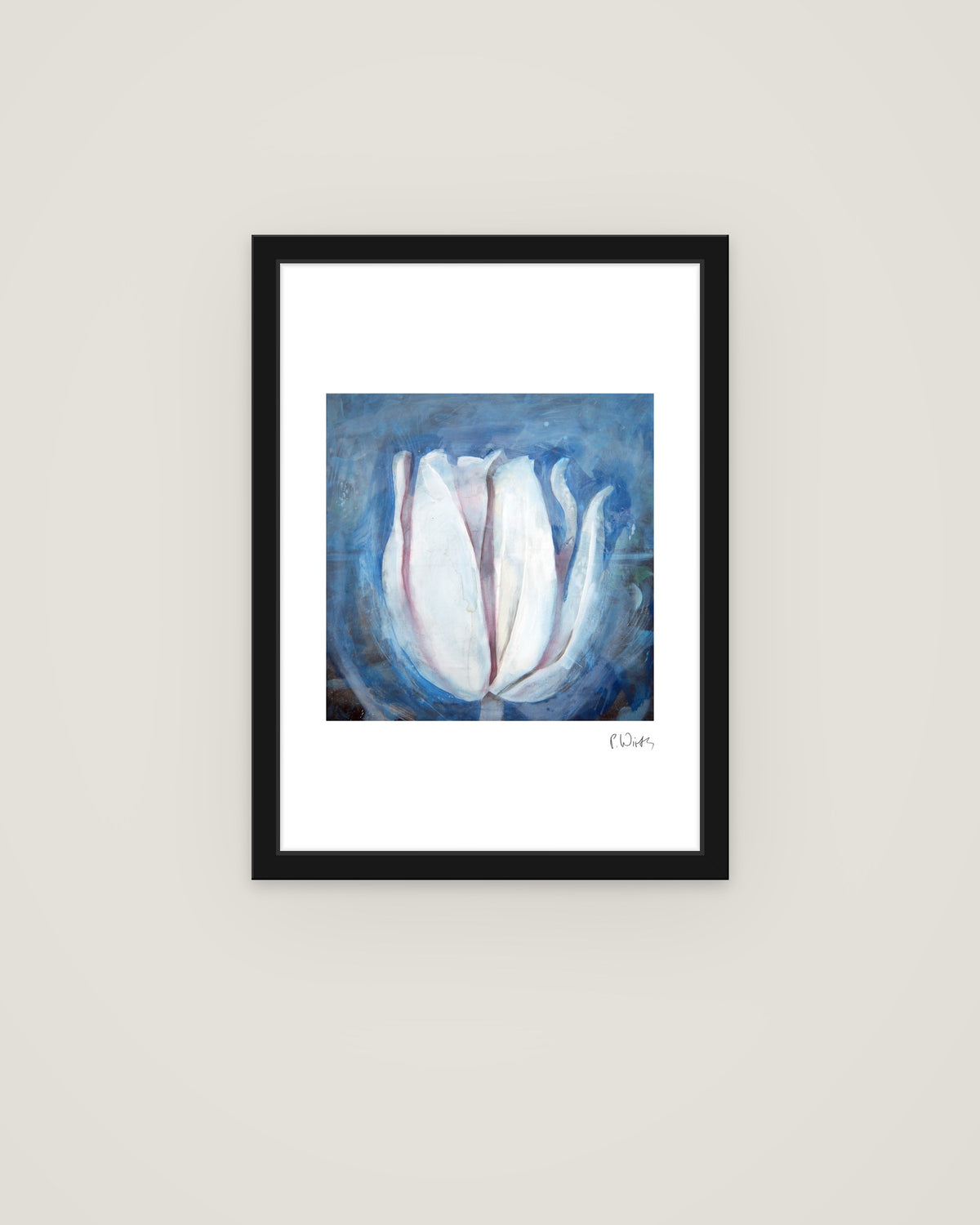 White Tulip on Blue by Peter Wirth, framed in slim black wood with acrylic glazing