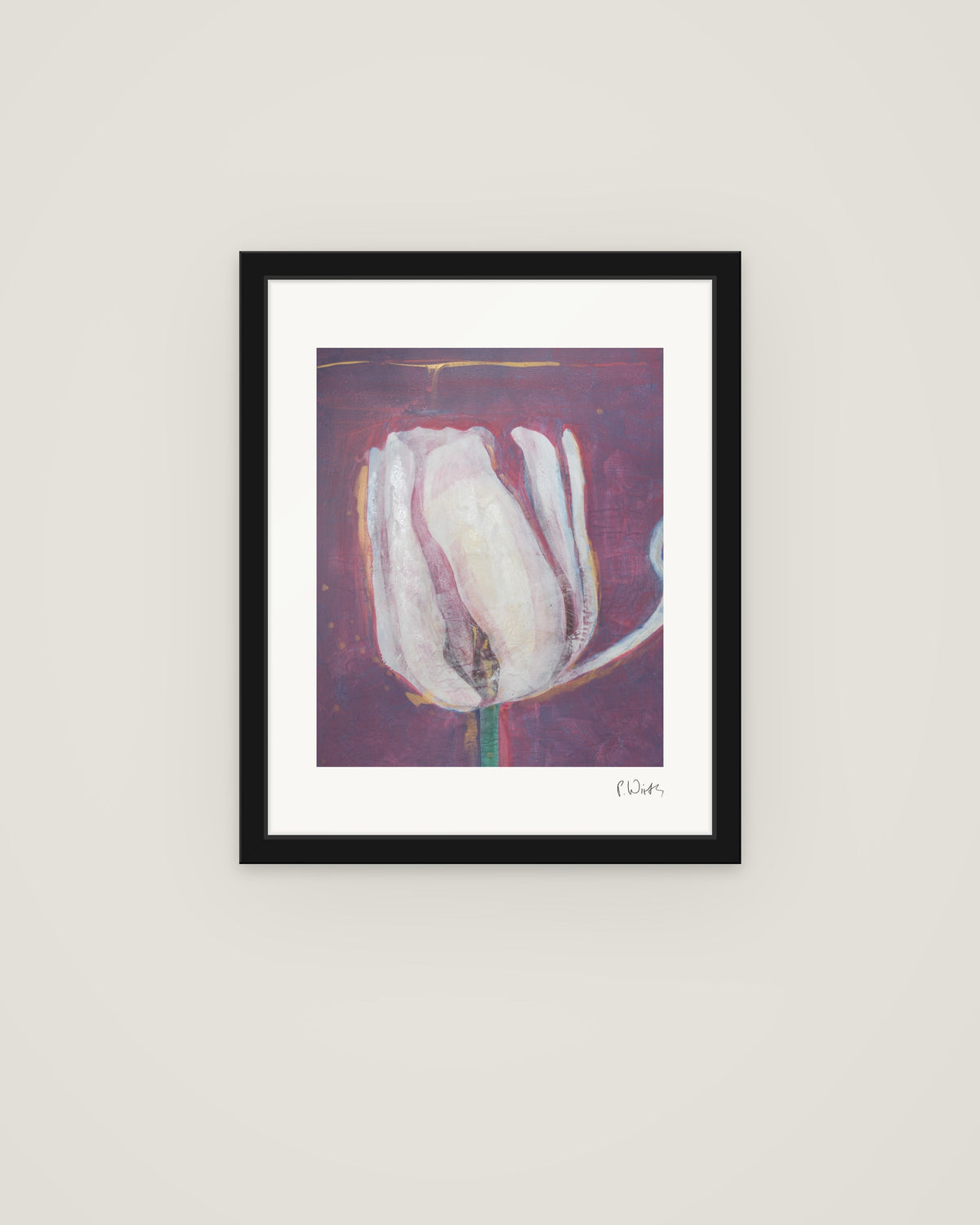 White Tulip by Peter Wirth, framed in slim black wood with acrylic glazing