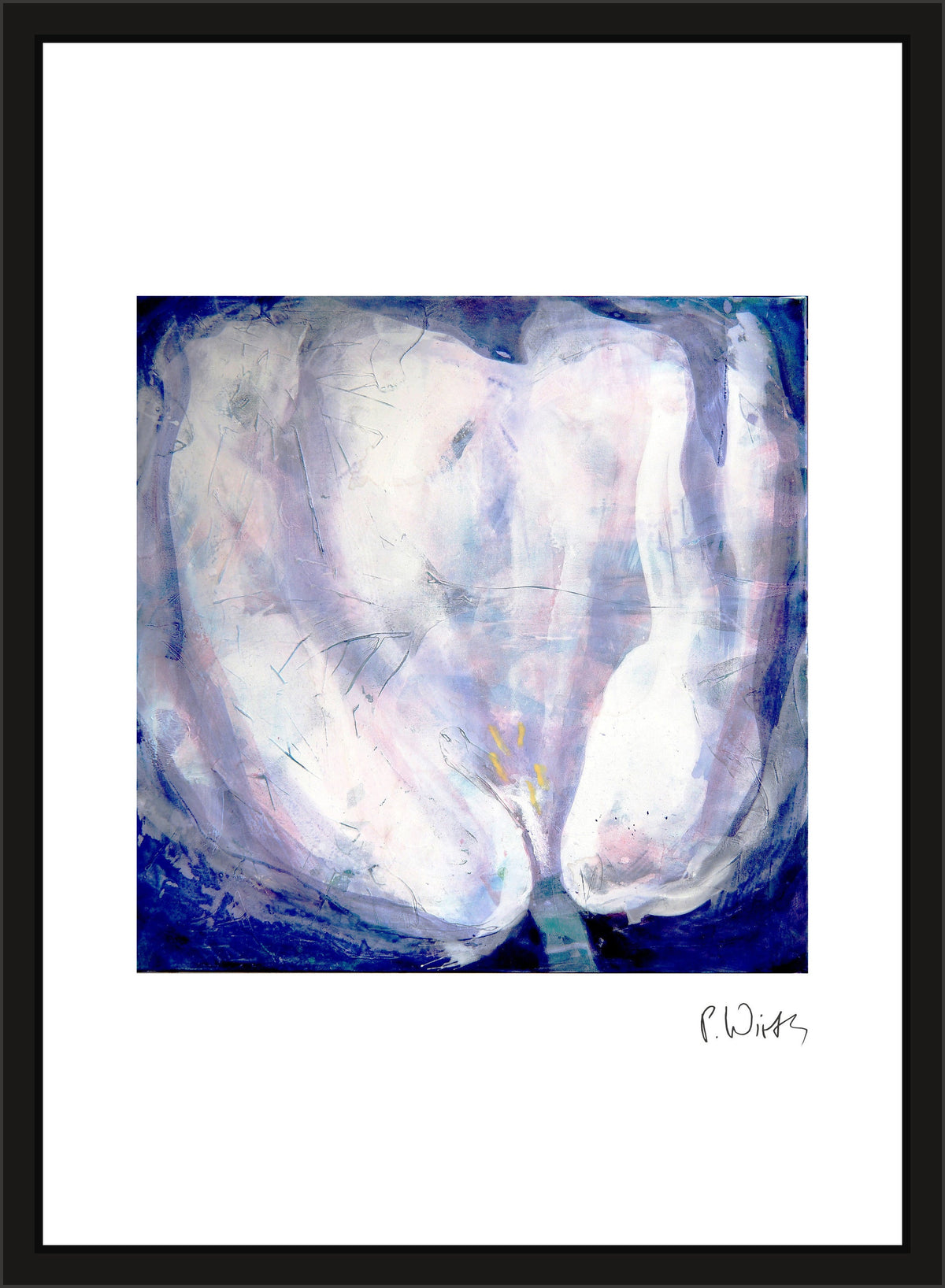 White Tulip on Ultramarine — framed in narrow black wood with acrylic glazing, no mount