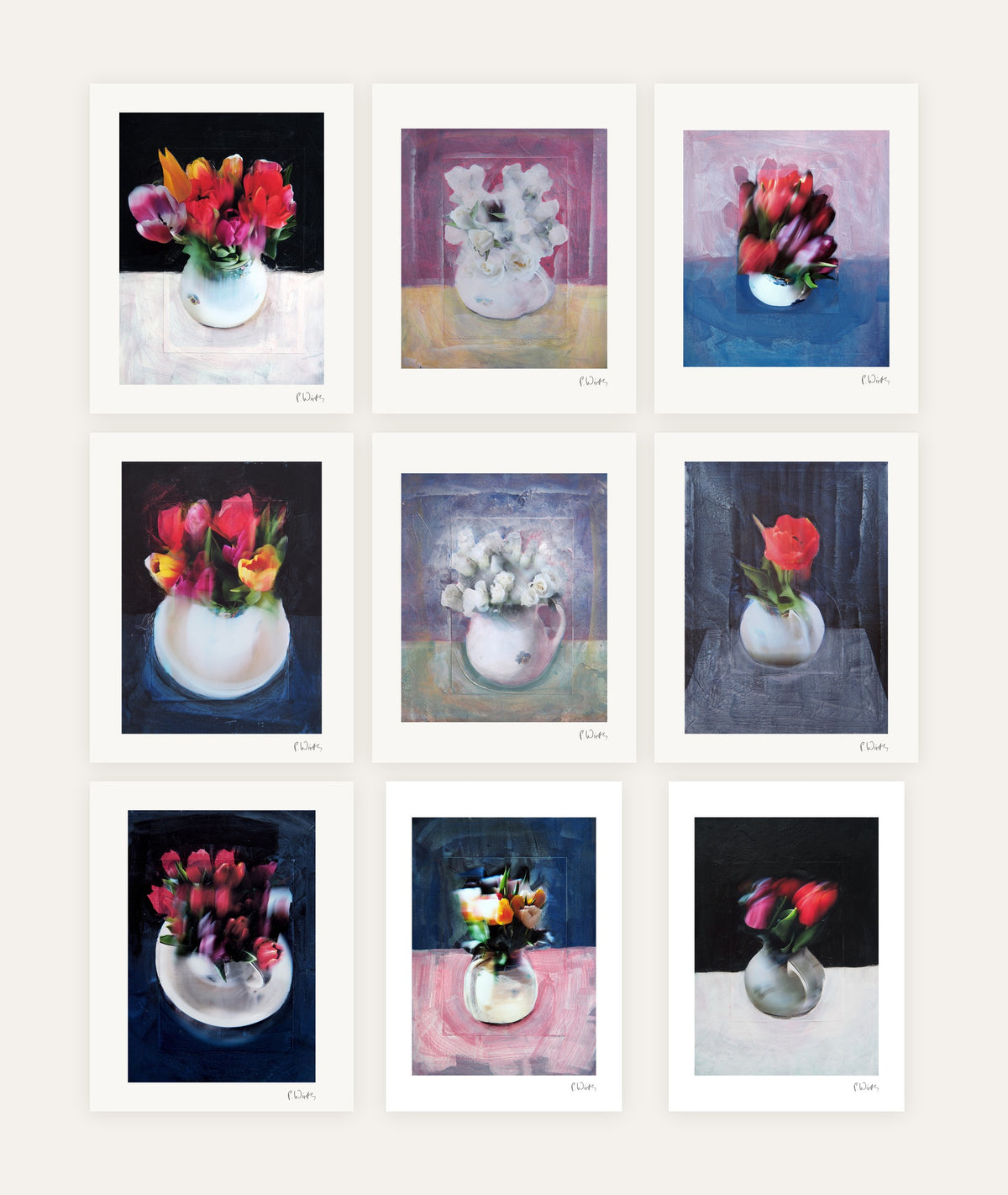 The White Vase · Nine – every sheet of the set with its white margin and printed signature, laid out side by side