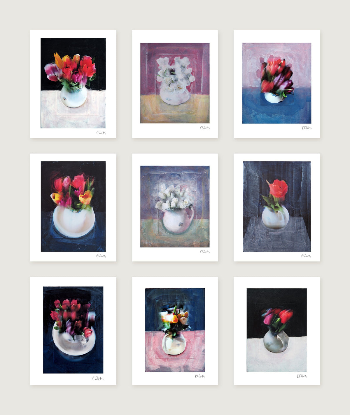 Neun Blätter in drei Reihen zu drei: Tulpen X · Weiße Rosen II · Blumenbouquet · Tulpen IX · Weiße Rosen I · Rote Tulpe · Rote Tulpen · Strauß auf Rosa · Rote Tulpen in Grau — Peter Wirth