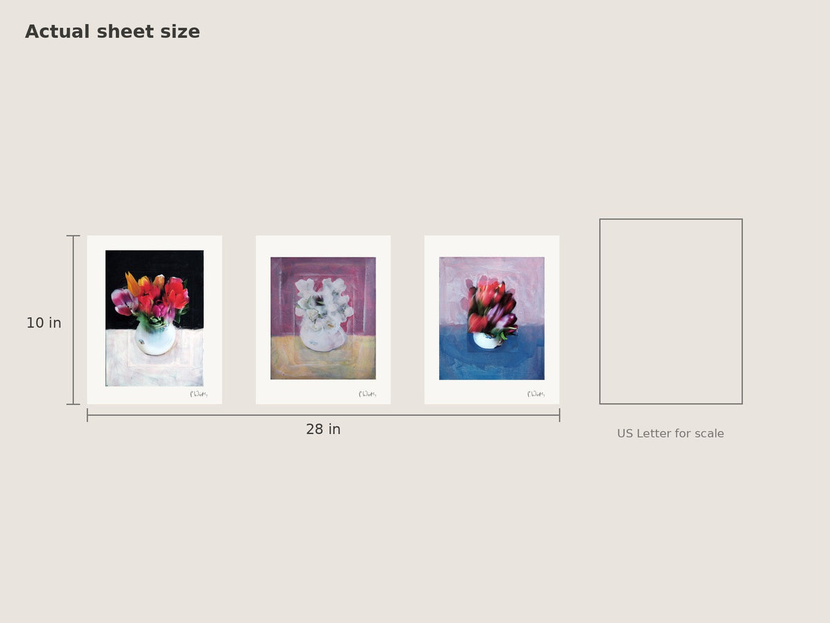 The White Vase · Three by Peter Wirth, hanging 28 × 10 in beside a US Letter sheet