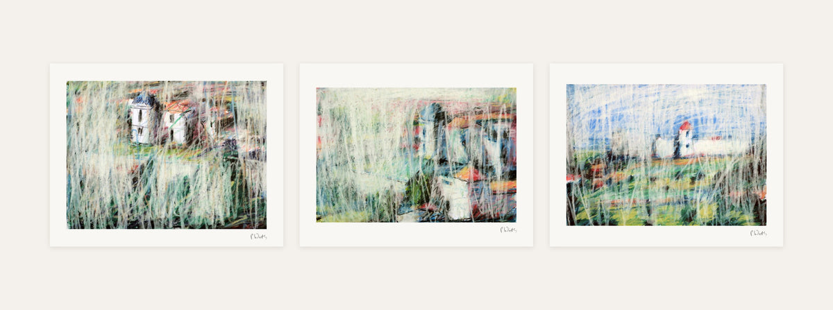 White Veil · Three – every sheet of the set with its white margin and printed signature, laid out side by side