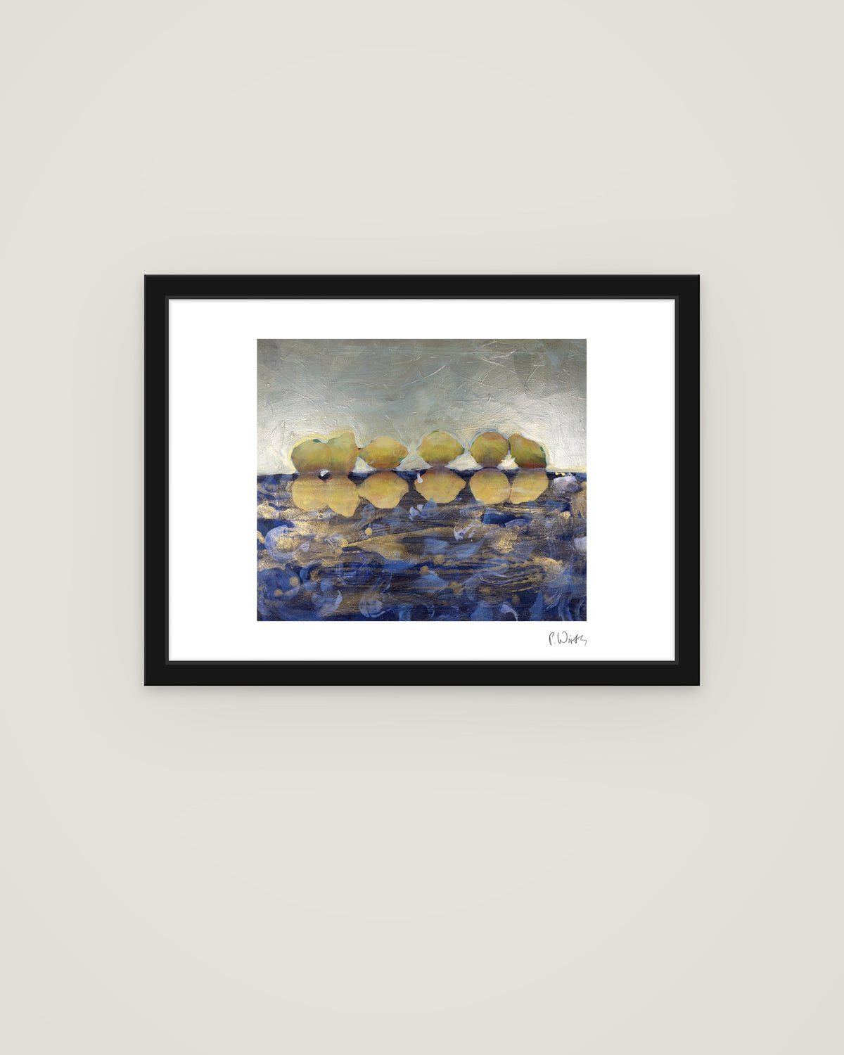Yellow Fruit above the Water by Peter Wirth, framed in slim black wood with acrylic glazing