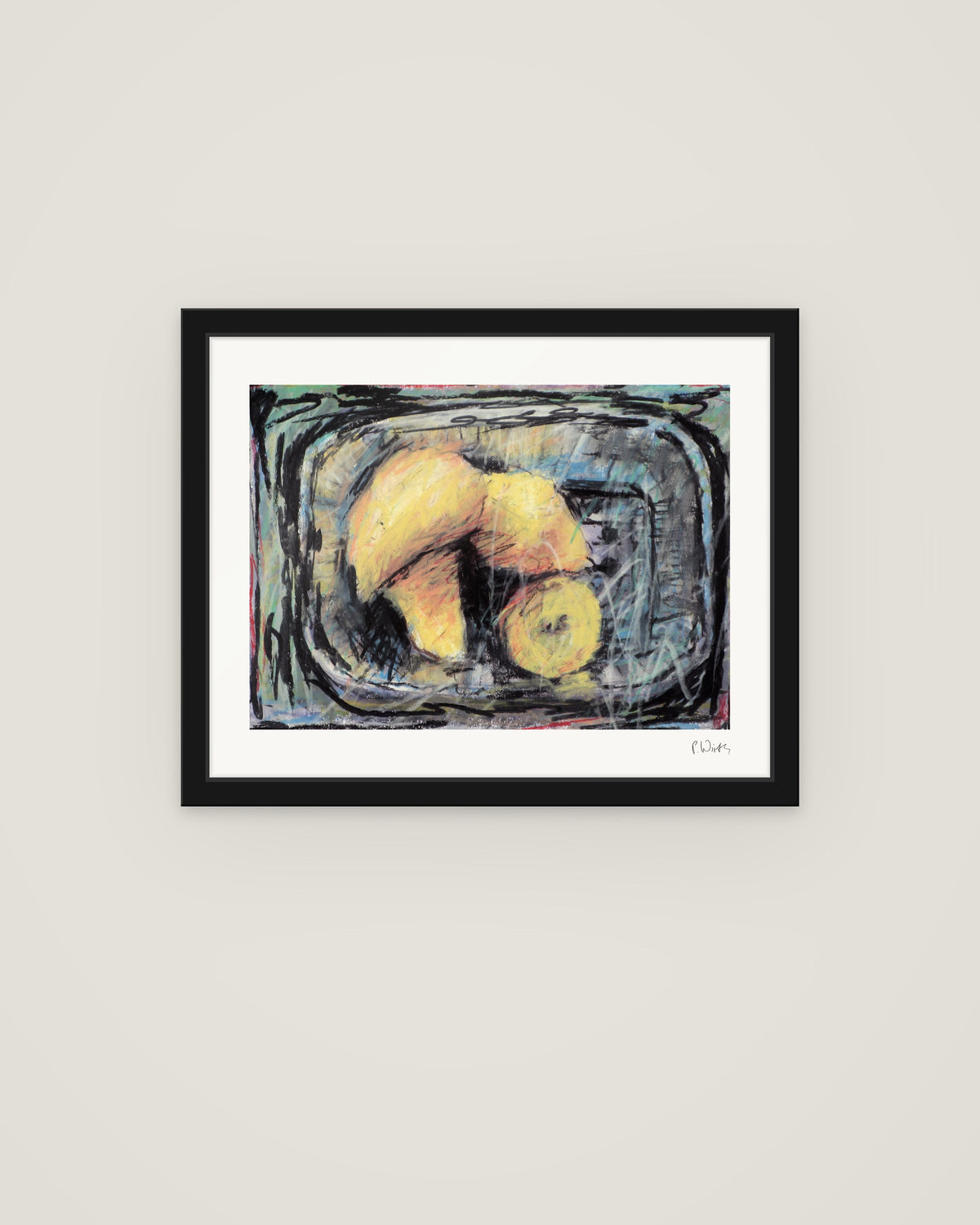 Yellow Fruit in the Grey Bowl by Peter Wirth, framed in slim black wood with acrylic glazing