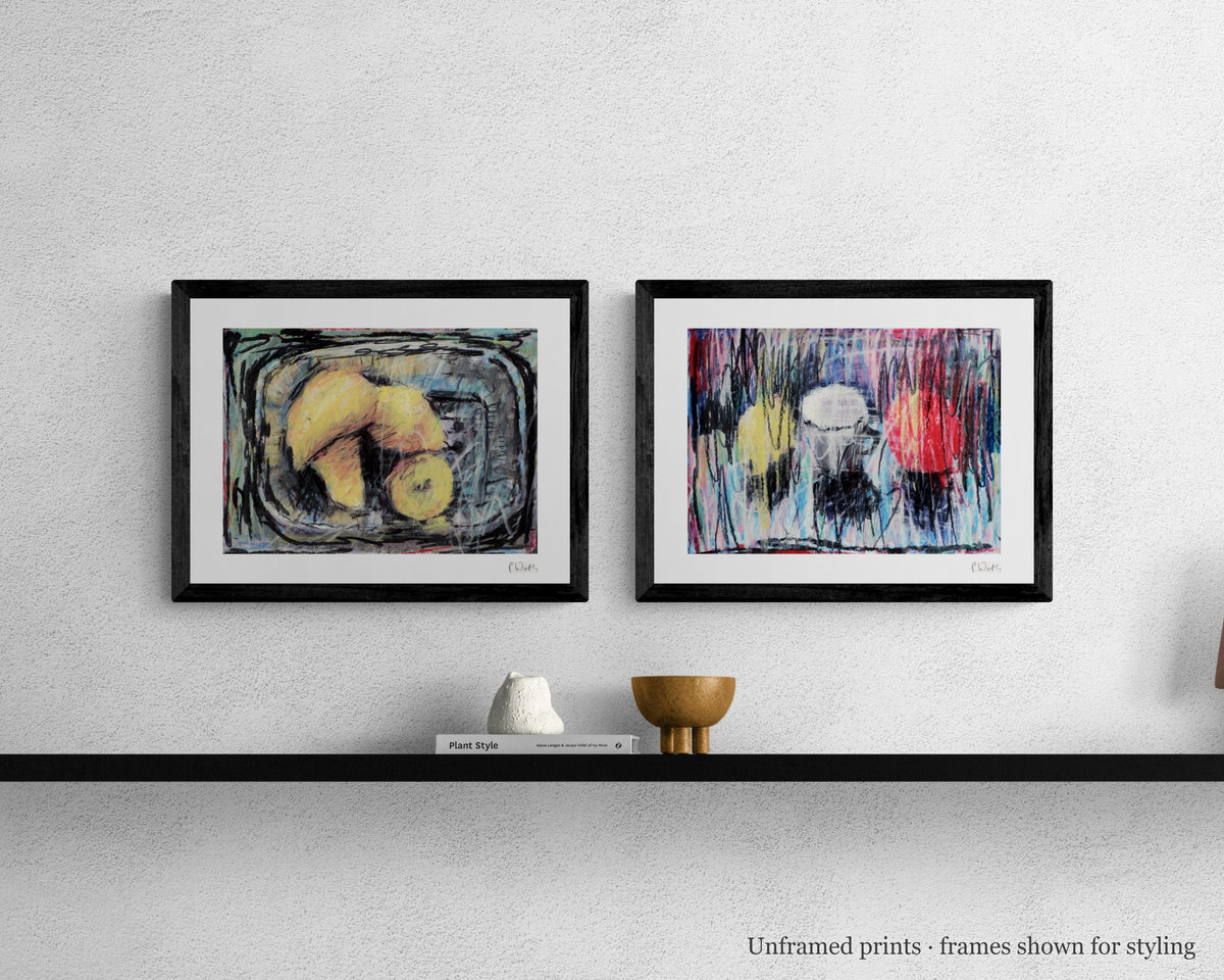 Yellow Fruit · Two by Peter Wirth, the set shown framed on a wall – unframed prints, frames shown for styling