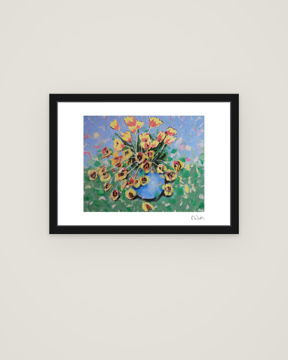 Yellow Tulips in a Blue Vase by Peter Wirth, framed in slim black wood with acrylic glazing