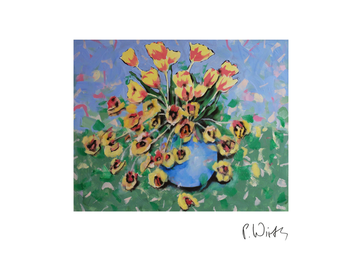 Yellow Tulips in a Blue Vase — fine art print after Peter Wirth, sheet with white border and signature