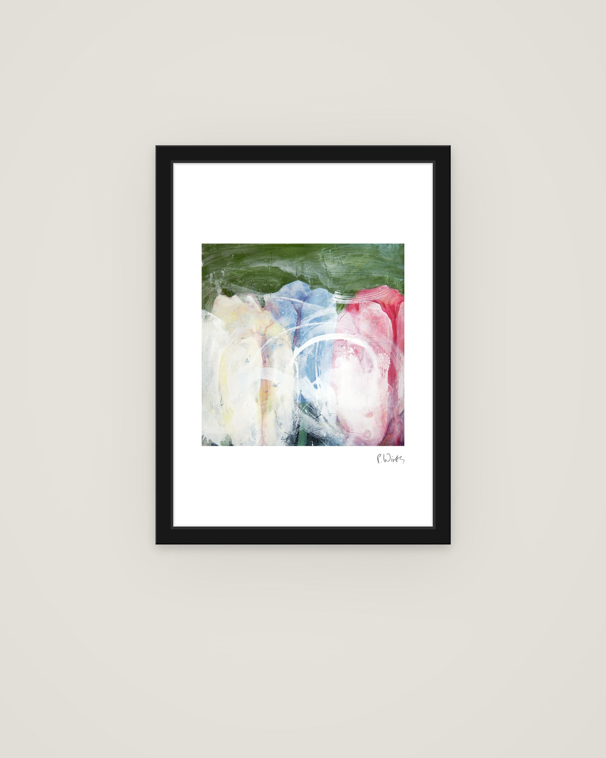 Tulpen in Creme, Blau und Rot von Peter Wirth, im schmalen schwarzen Holzrahmen